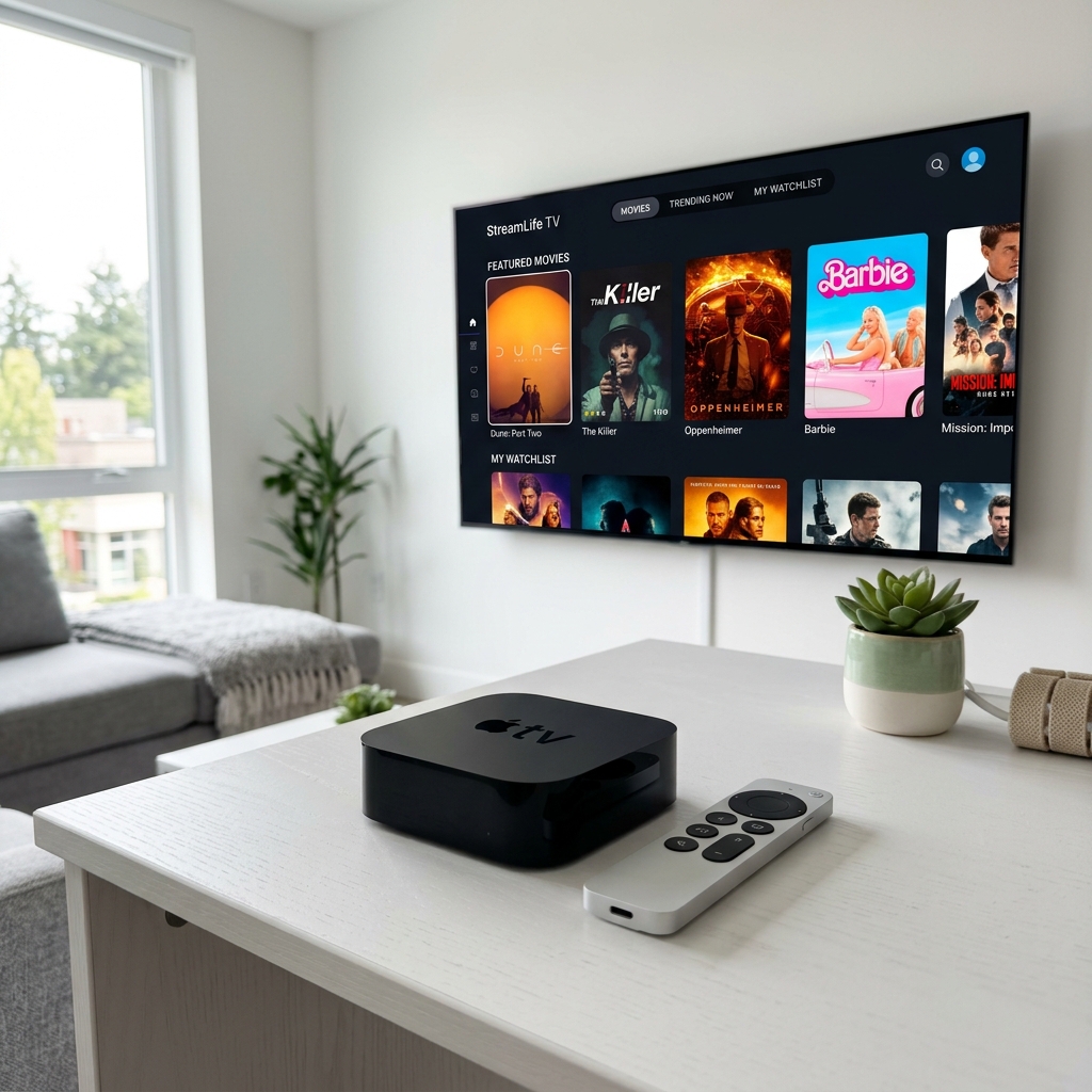 Apple TV 4K displaying a high-quality IPTV app interface