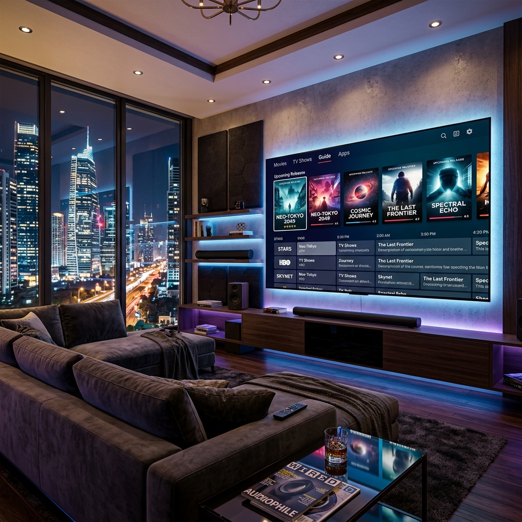 High-end home cinema setup displaying a 4K IPTV interface with 2026 technology