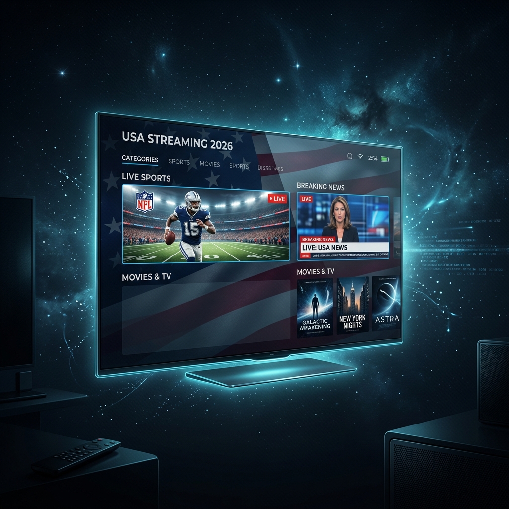 Premium 4K smart TV displaying live American sports and news channels via IPTV in 2026