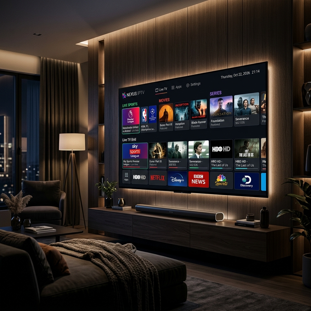 Modern 4K Smart TV displaying a premium IPTV interface with live sports and movie categories