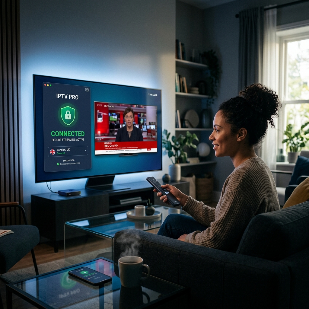Person securing their IPTV connection with a modern VPN app on a smart TV