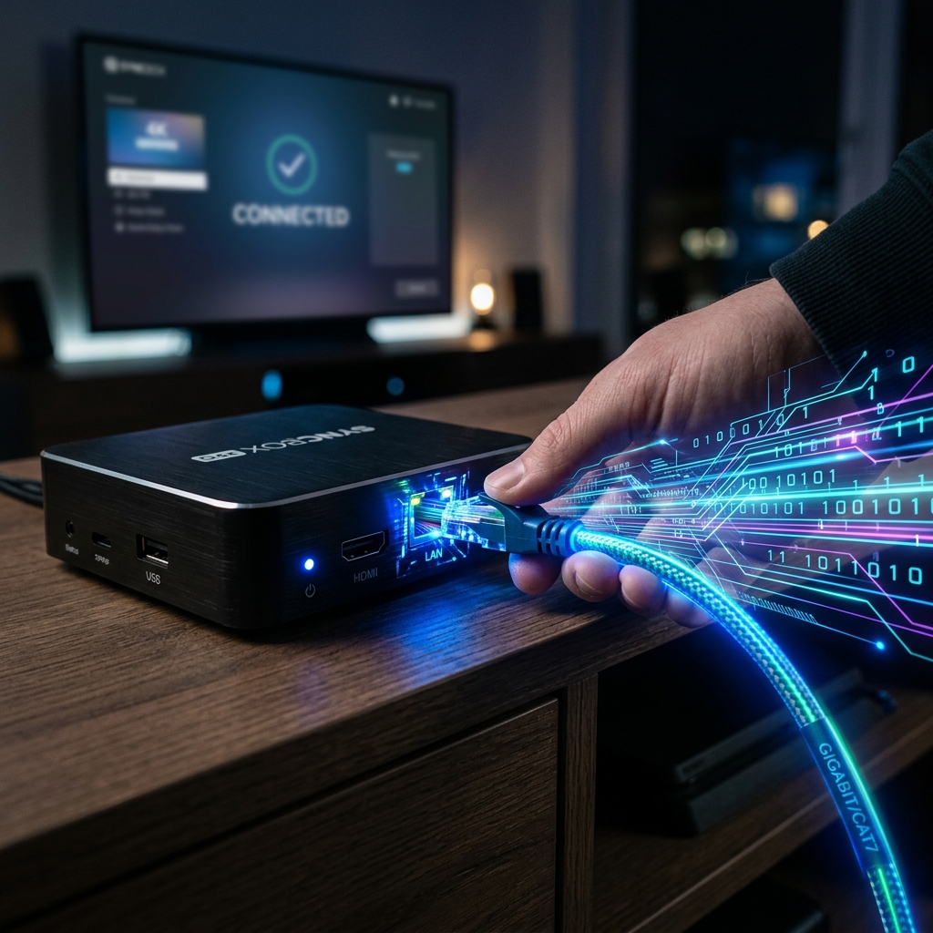 A glowing ethernet cable being plugged into a modern 4K streaming box to resolve connectivity issues
