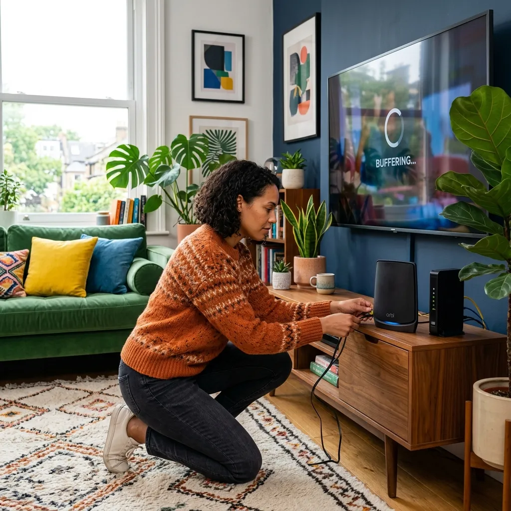 Person fixing router connection to stop their TV from buffering