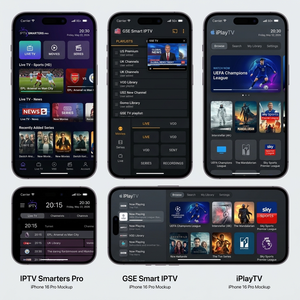Side-by-side screenshots of IPTV Smarters Pro, GSE Smart IPTV, and iPlayTV running on iPhone 16 Pro in 2026