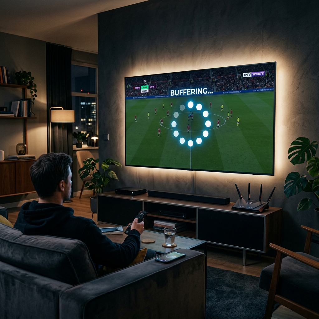 A modern 4K Smart TV in a dark living room displaying a frozen sports broadcast with a glowing buffering loading circle