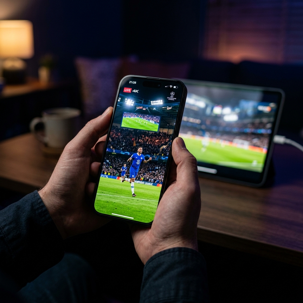iPhone 16 held in hand streaming a live 4K sports broadcast via IPTV with an iPad Pro in the background