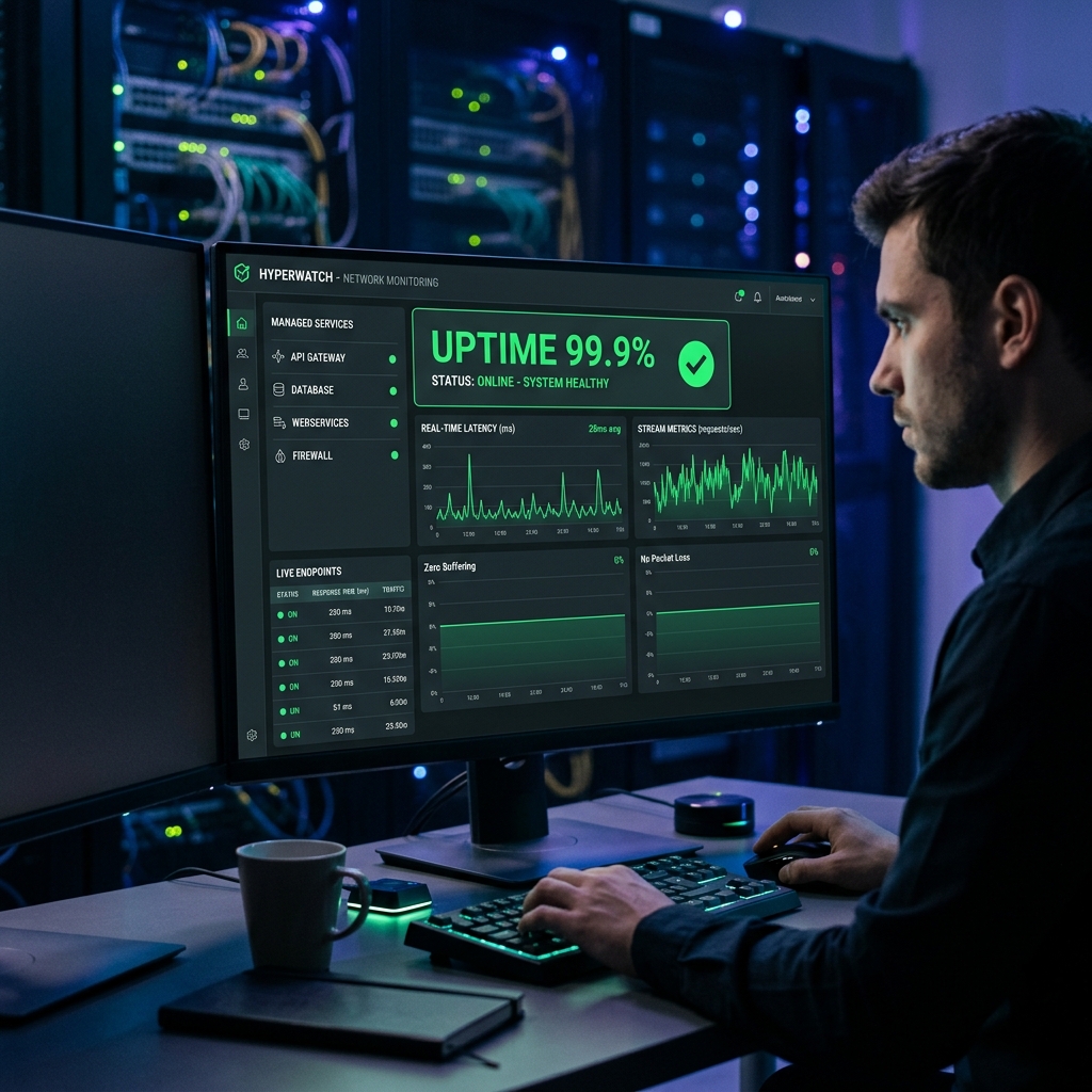 Dashboard showing 99.9% IPTV server uptime metrics with zero buffering indicator for Smart TV users