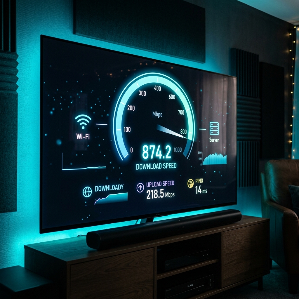 A high-quality close-up of a modern smart TV screen showing a glowing internet speed test dashboard
