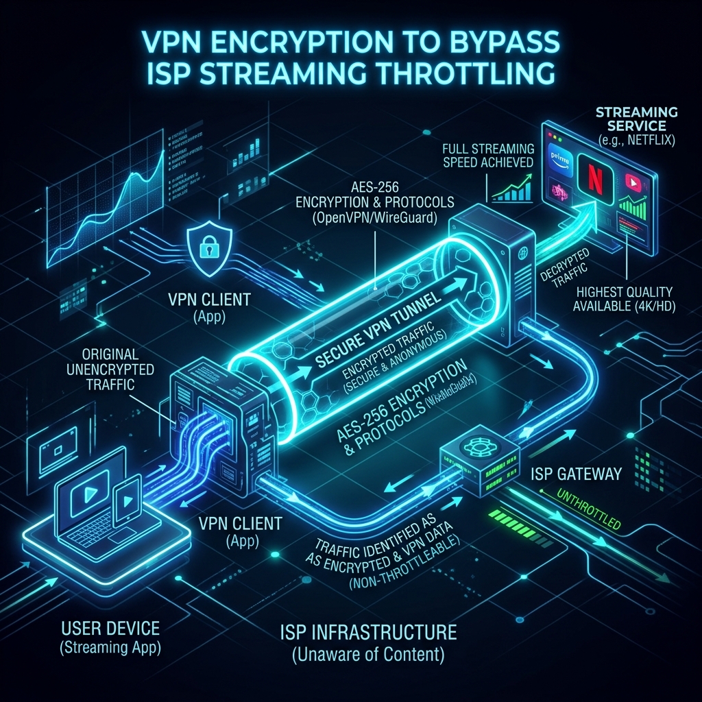 Diagram showing how a VPN encrypts traffic to bypass ISP throttling for IPTV