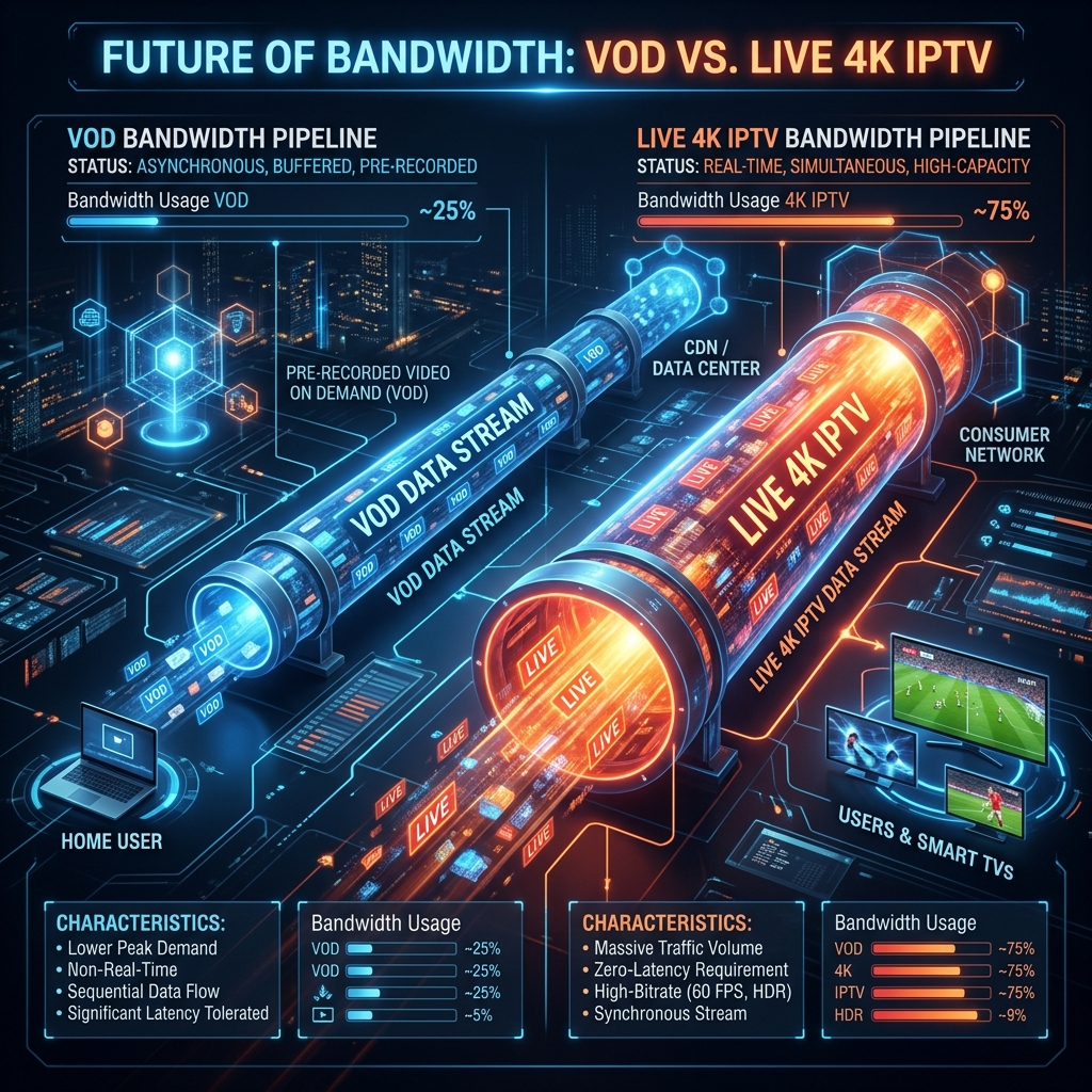 A futuristic infographic comparing bandwidth pipelines for pre-recorded VOD and live 4K IPTV data streams