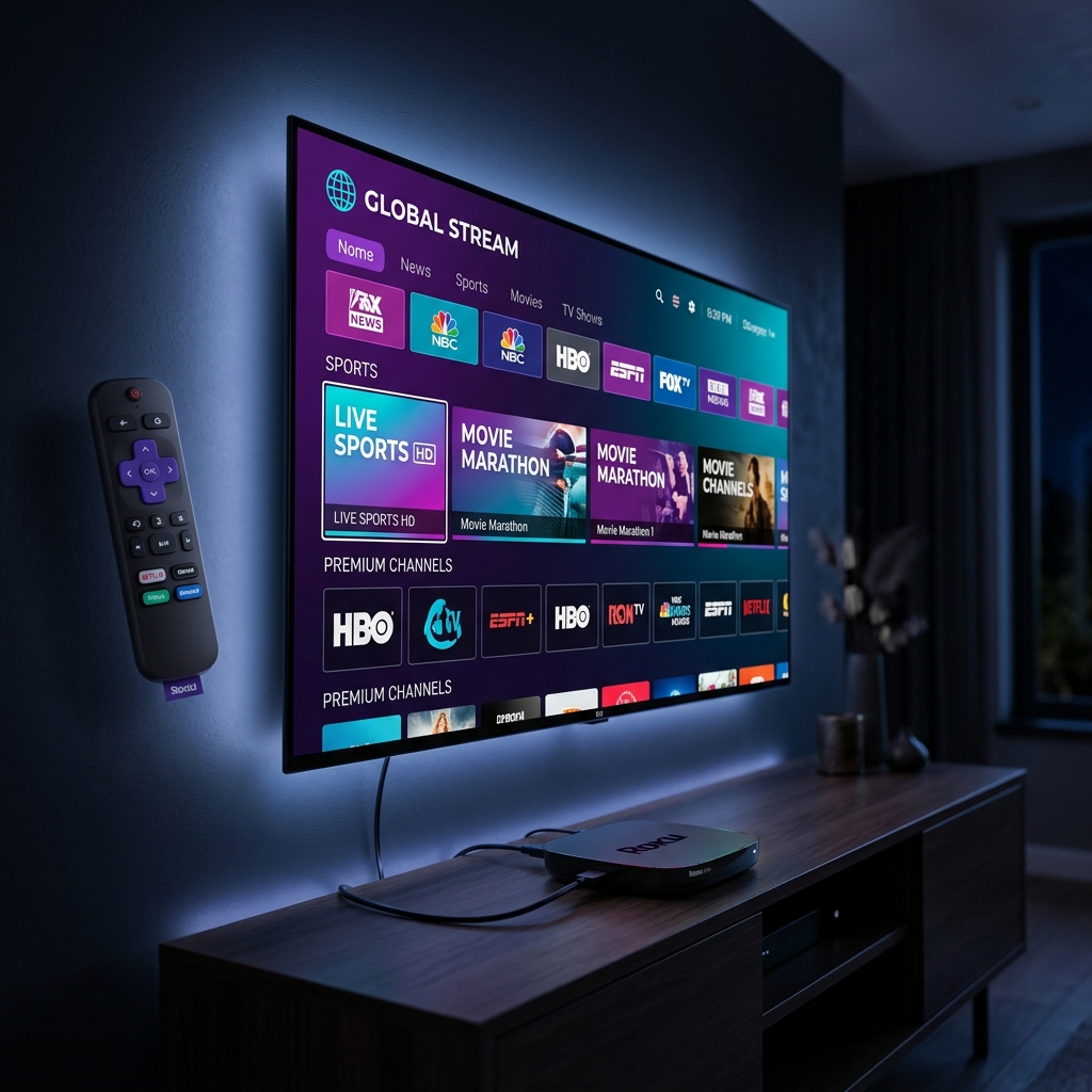 Roku Ultra streaming device connected to a 4K OLED TV displaying a live IPTV channel grid interface