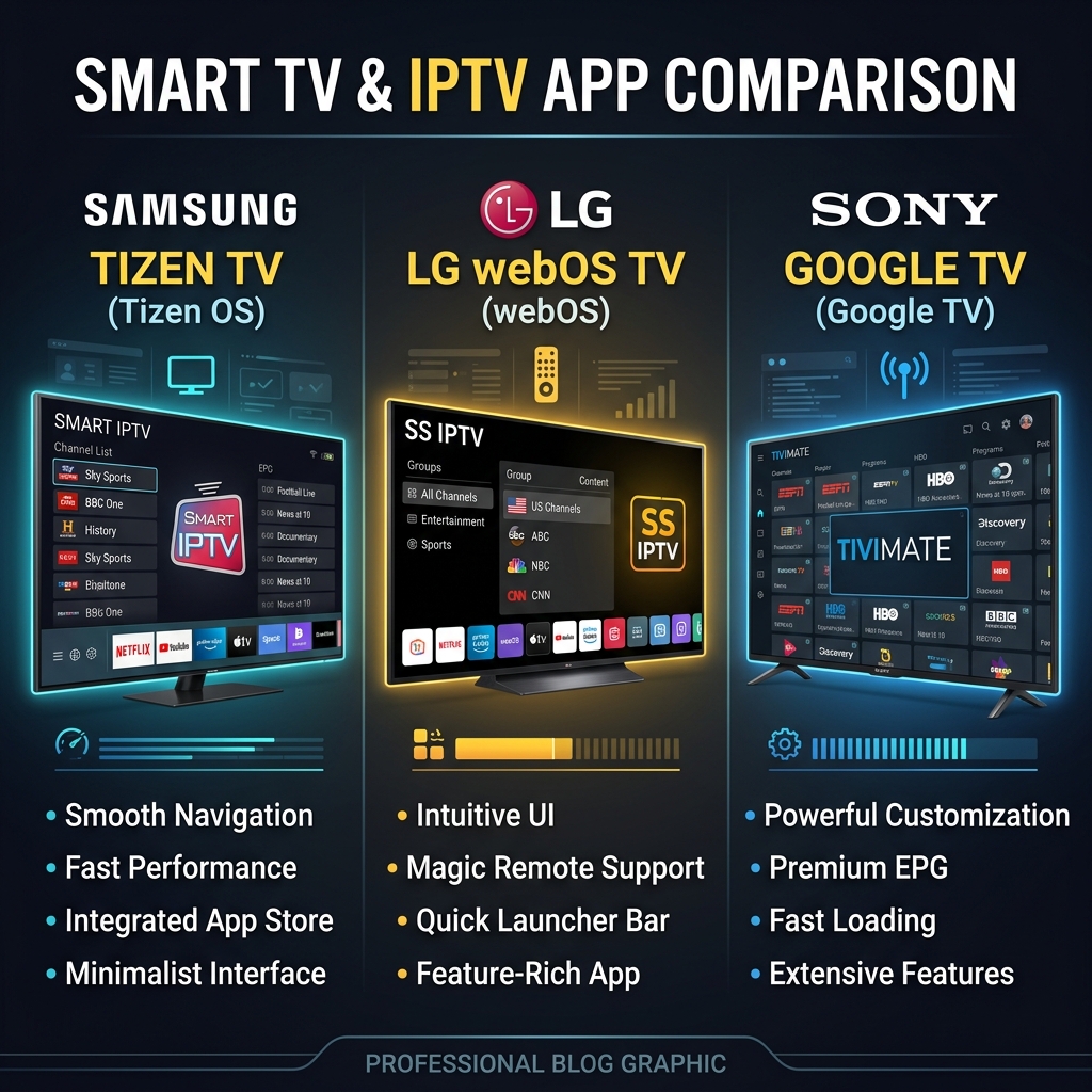 Side-by-side comparison of IPTV app interfaces on Samsung, LG, and Sony Smart TVs in 2026