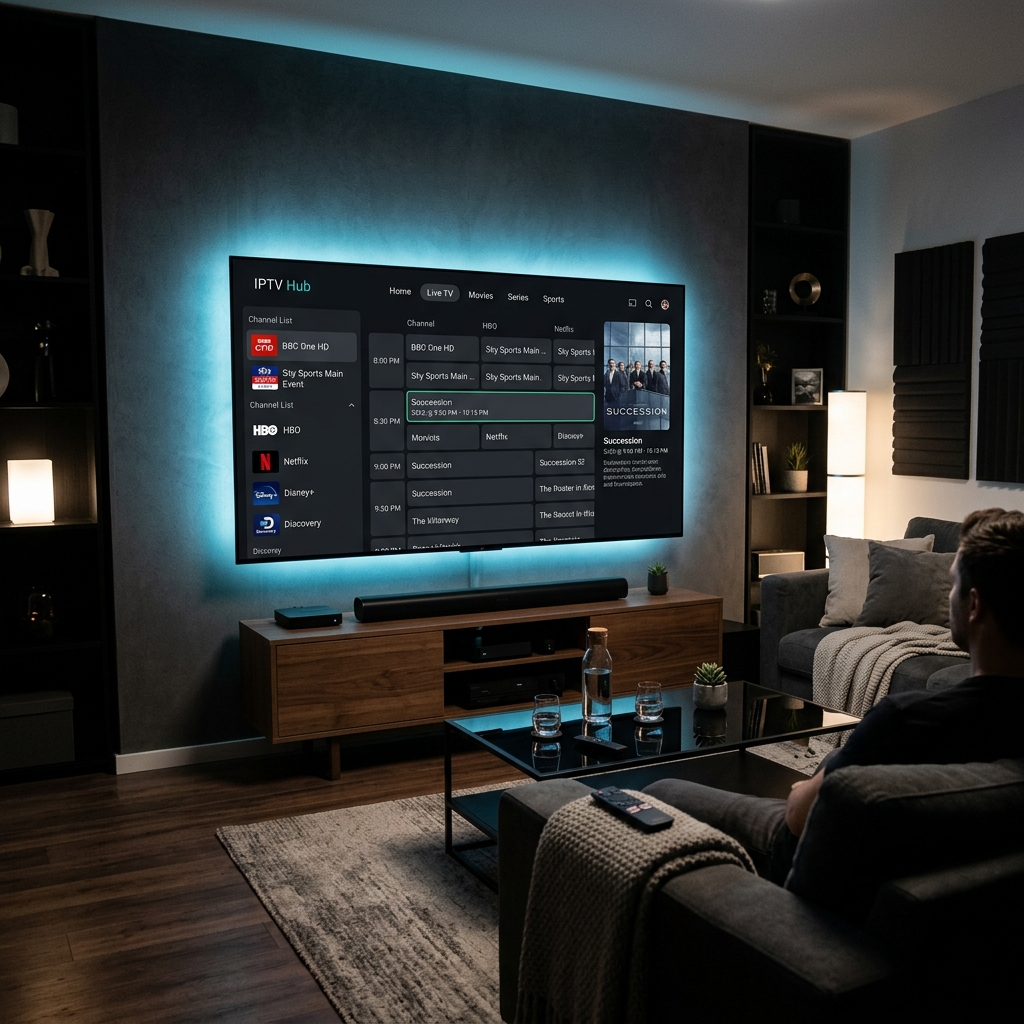 High-quality, modern living room setting with a smart TV displaying a sleek, dark-mode TiviMate IPTV streaming interface