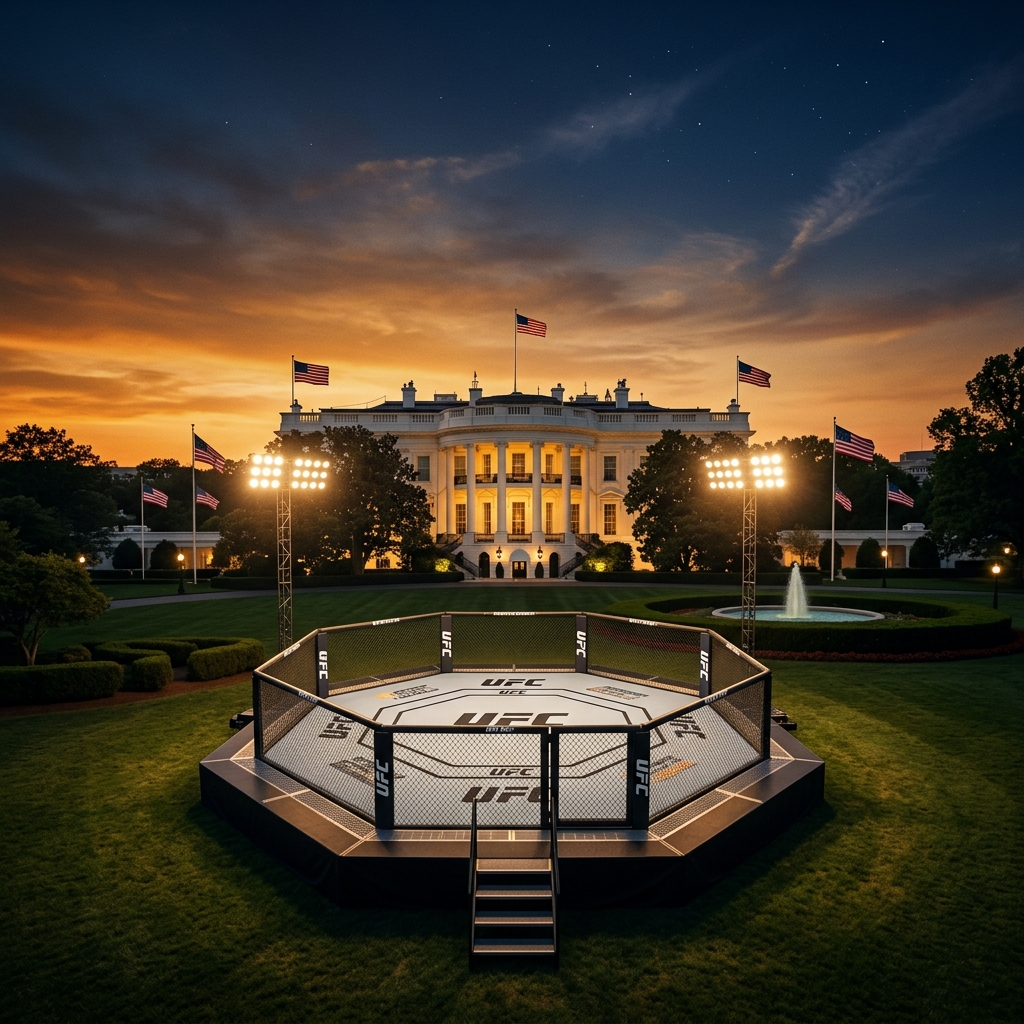 Empty UFC octagon cage illuminated by floodlights on the White House South Lawn at sunset — UFC Freedom 250 venue