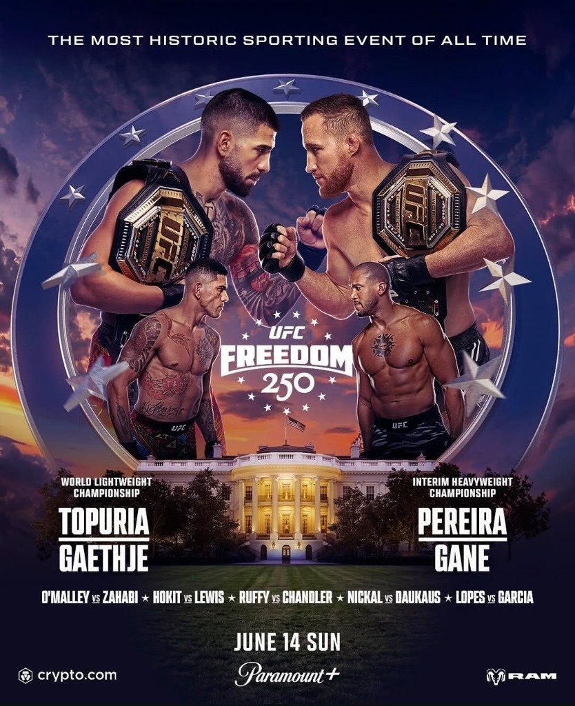 UFC Freedom 250 official event poster — Topuria vs Gaethje and Pereira vs Gane at the White House, June 14 2026