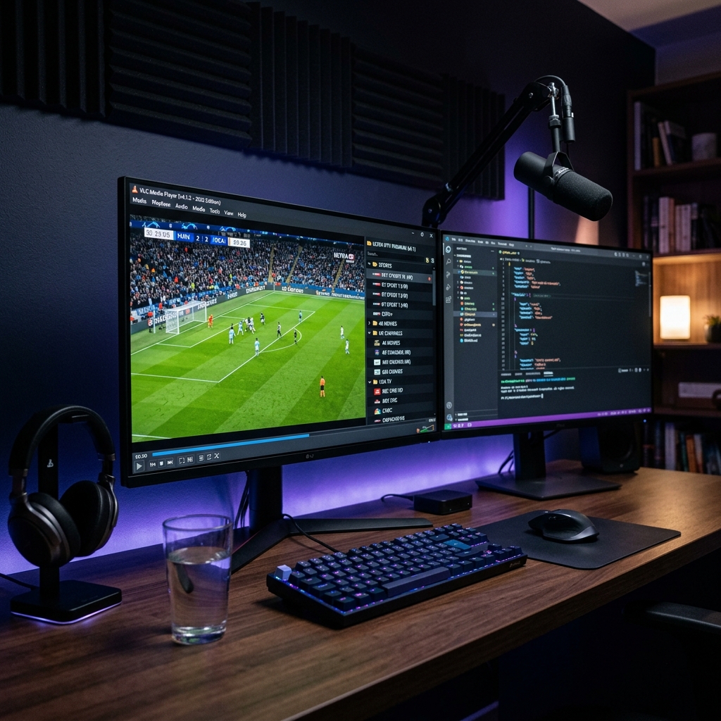 VLC Media Player streaming a live 4K IPTV channel on a dark premium home office setup in 2026