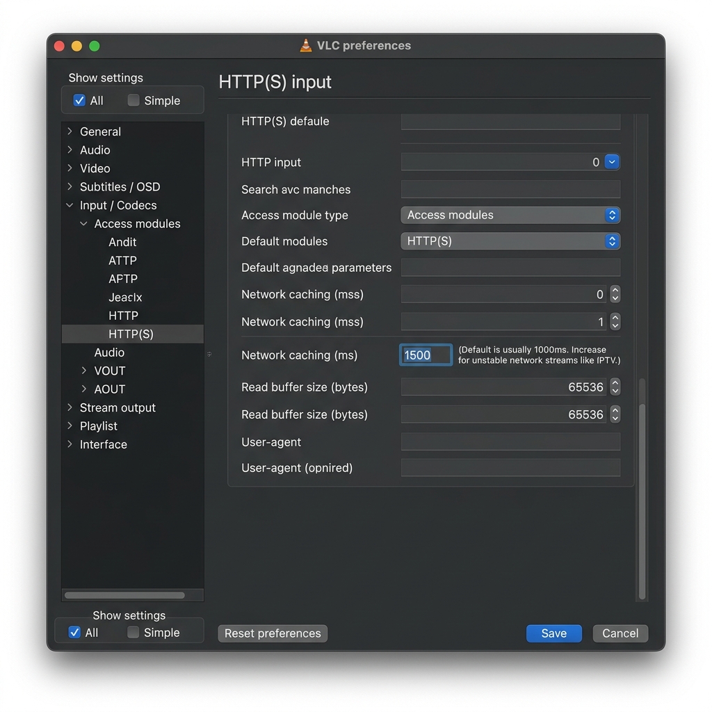 VLC Media Player advanced preferences showing network caching setting adjusted to 1500ms for IPTV streaming