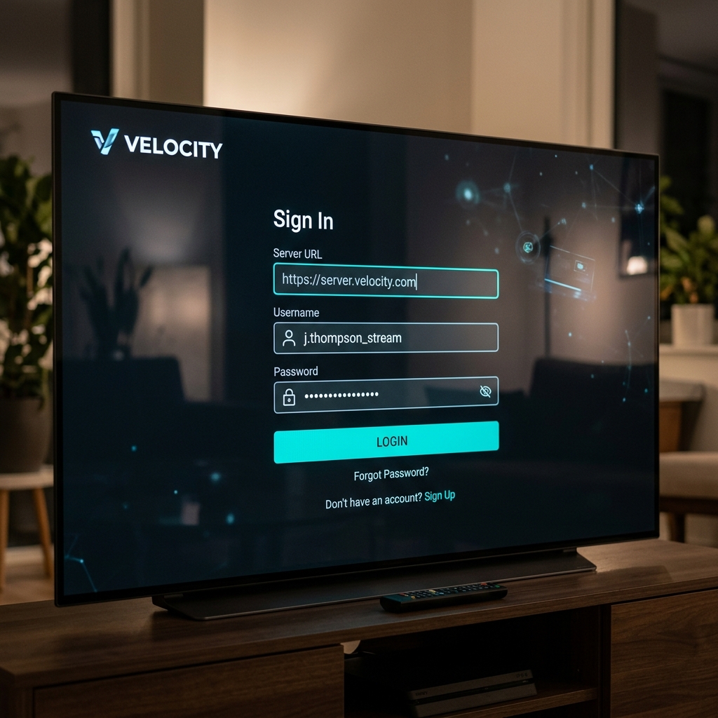 Close-up of a smart TV screen showing the Xtream Codes login dashboard for TiviMate